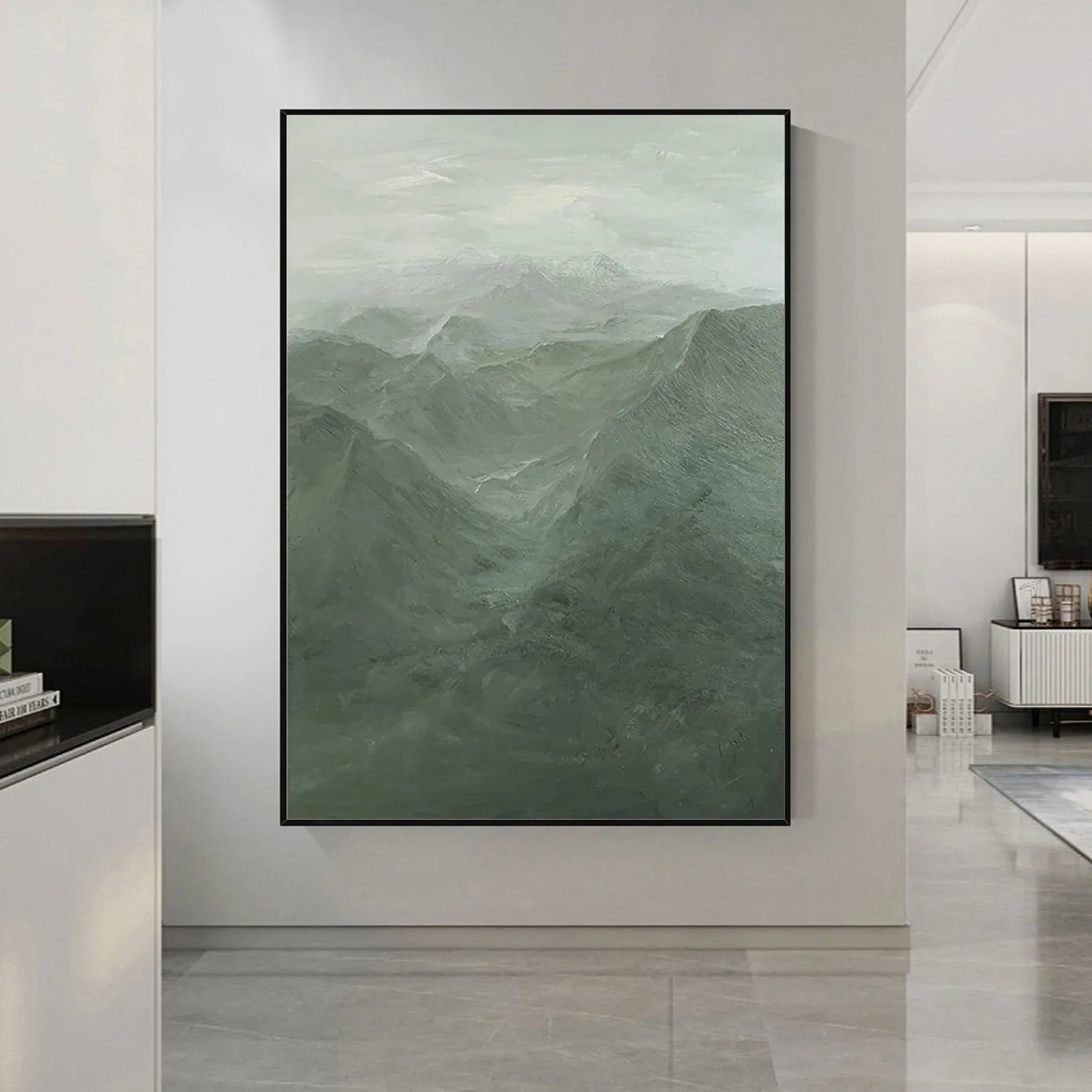 Misty Green Mountain Abstract Oil Painting - Tranquil Wall Art - artextured