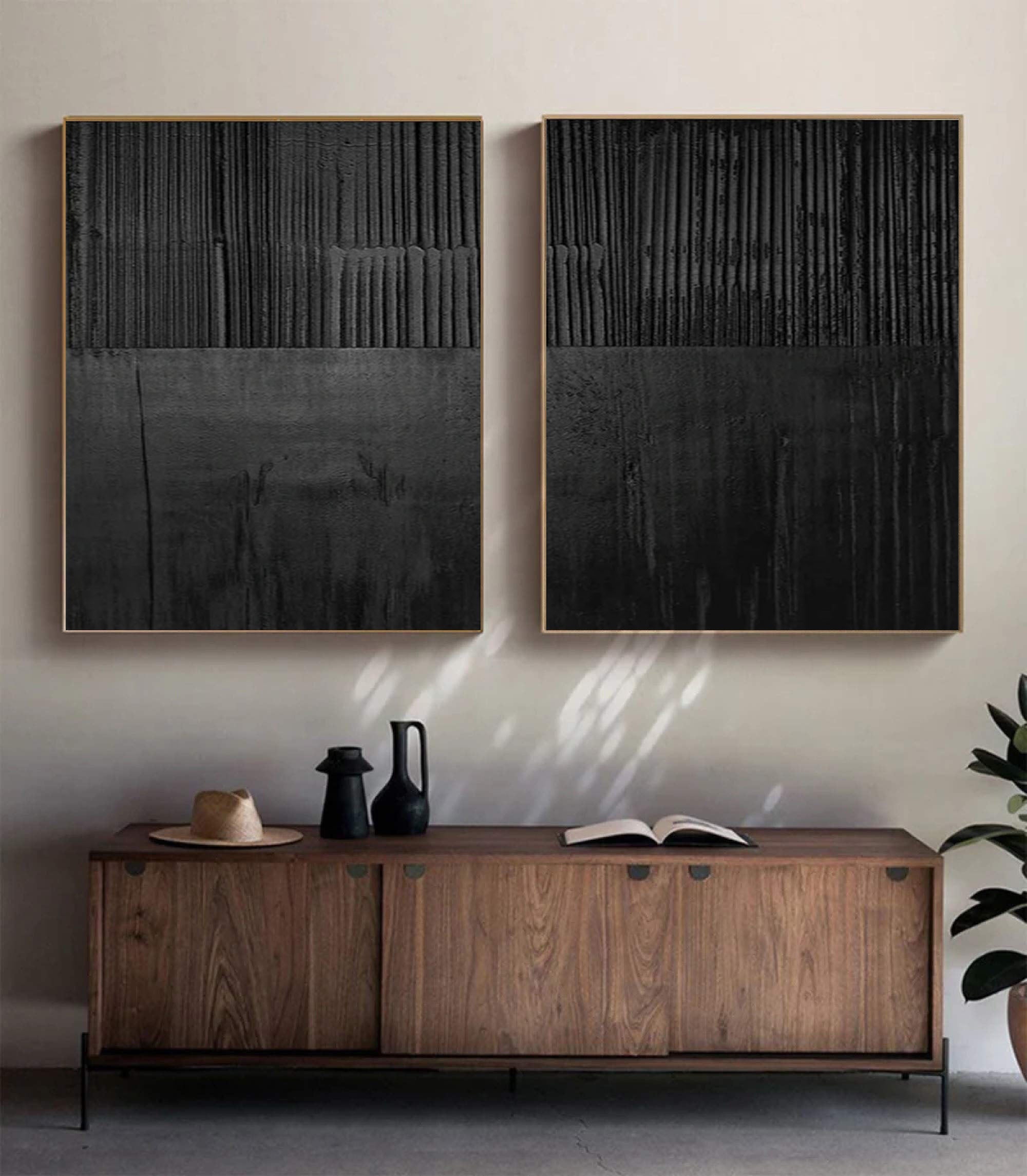 Set of Two Black Textured Abstract Wall Art - Minimalist Design