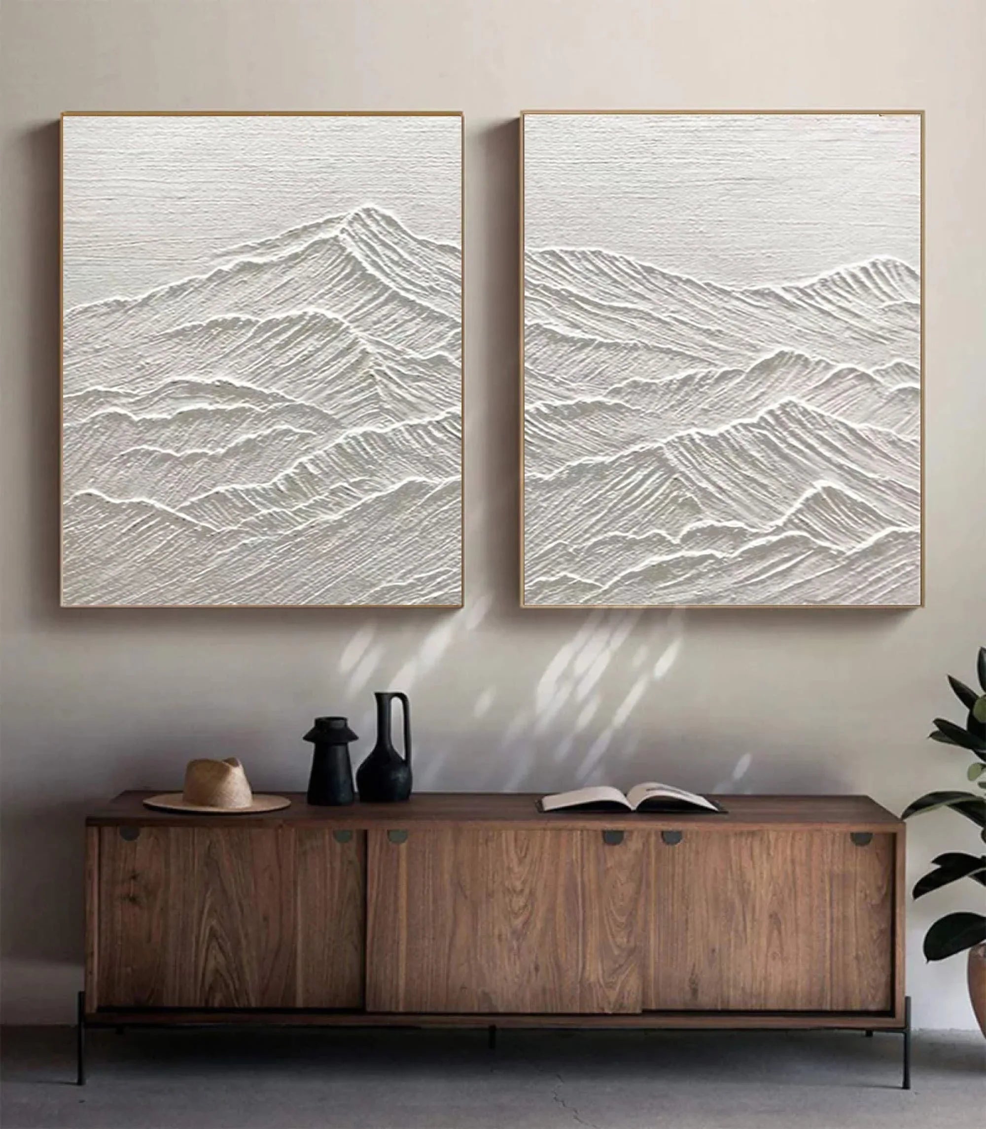 Monochrome Reflections SET OF 2-Handmade Relief Symmetrical Mountain Texture Wall Art - artextured