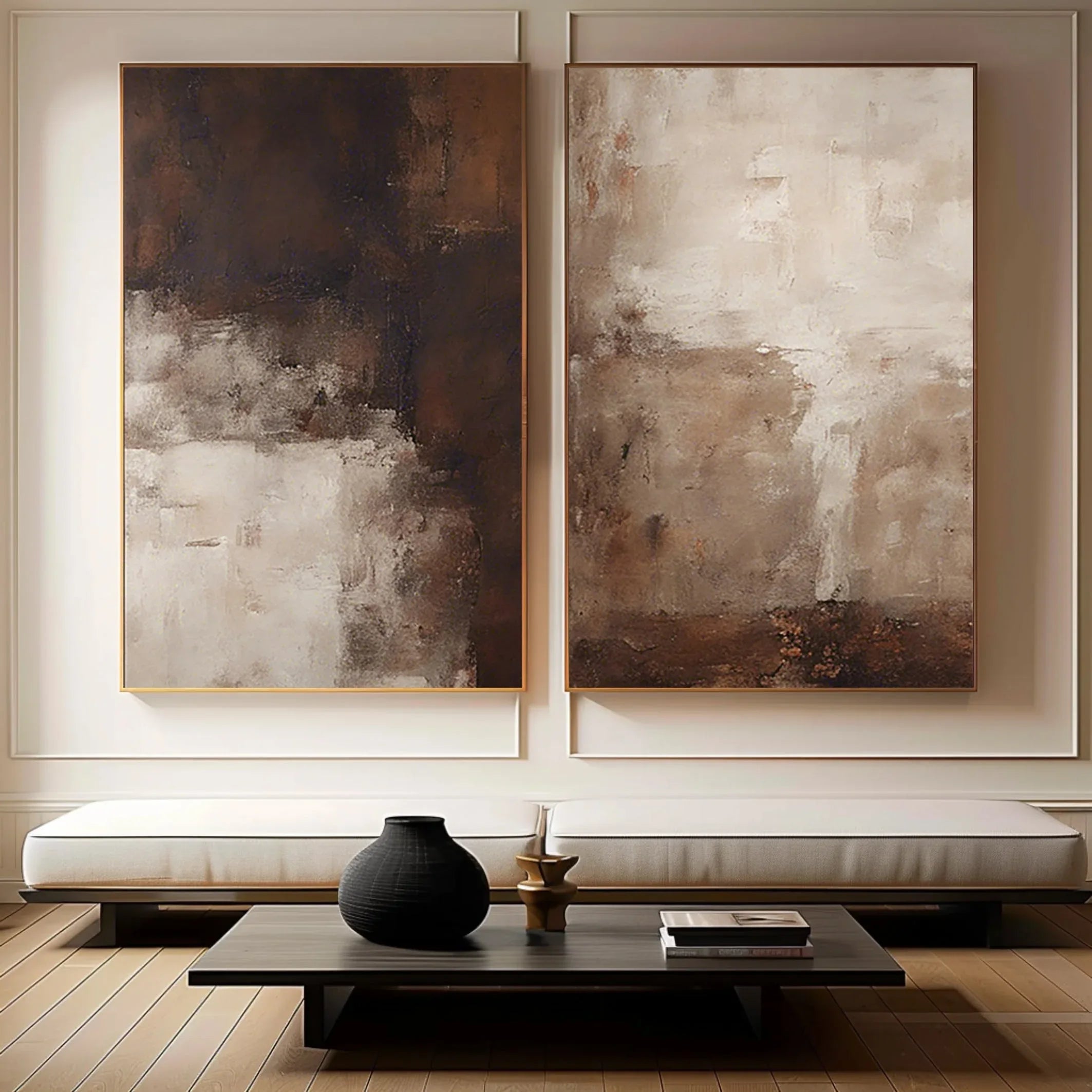 Earthy Elegance Abstract Diptych Set Of 2 - Double-Sided Vertical Banner Abstract Texture Wall Art in Earthy Colors - artextured