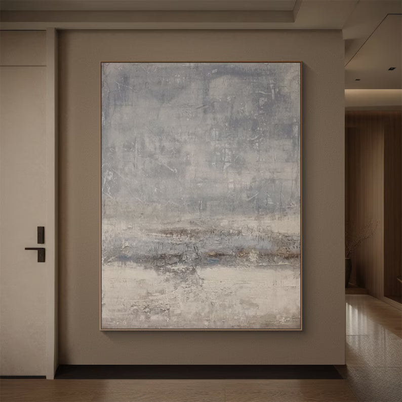 Silent Horizon – Neutral Blue Gray Abstract Wall Art with Soft Textured Finish#AB14029