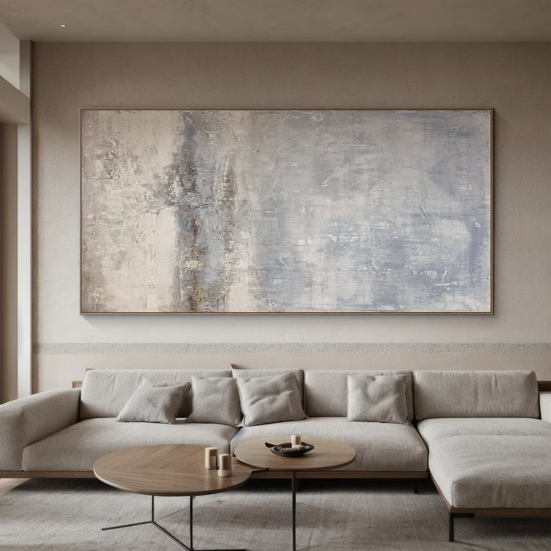 Silent Horizon – Neutral Blue Gray Abstract Wall Art with Soft Textured Finish#AB14029