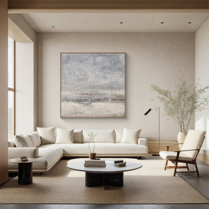 Silent Horizon – Neutral Blue Gray Abstract Wall Art with Soft Textured Finish#AB14029