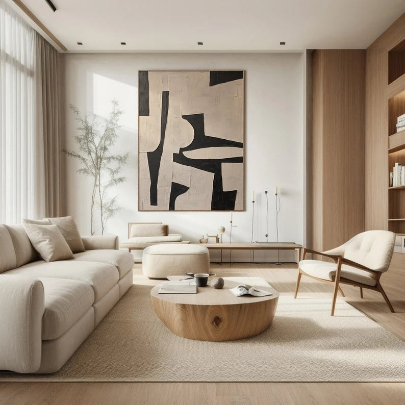 Bold Geometry – Black and Beige Minimalist Abstract Wall Art with Textured Finish#AB14027