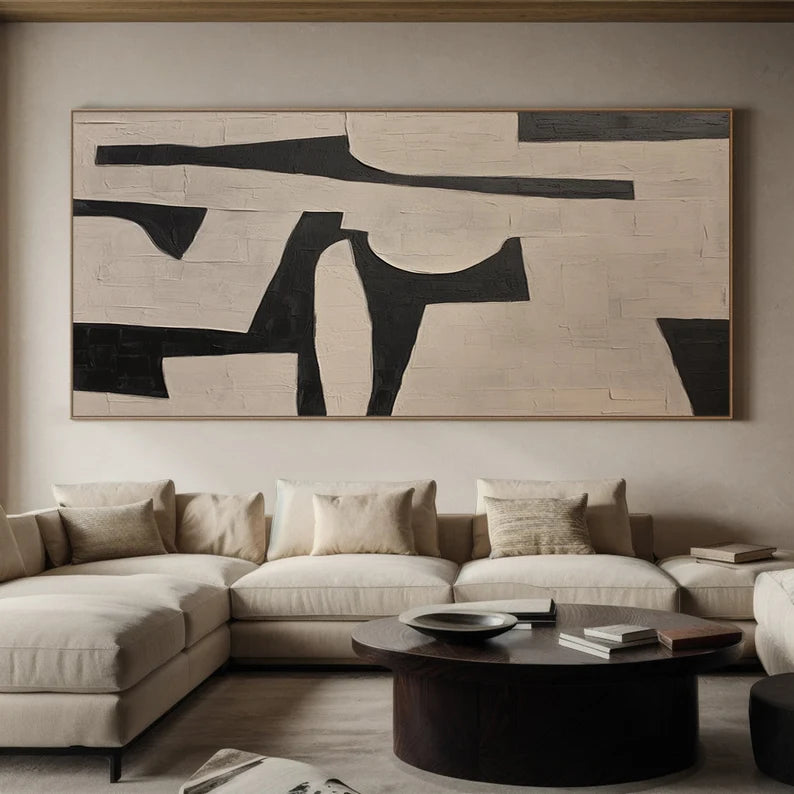 Bold Geometry – Black and Beige Minimalist Abstract Wall Art with Textured Finish#AB14027