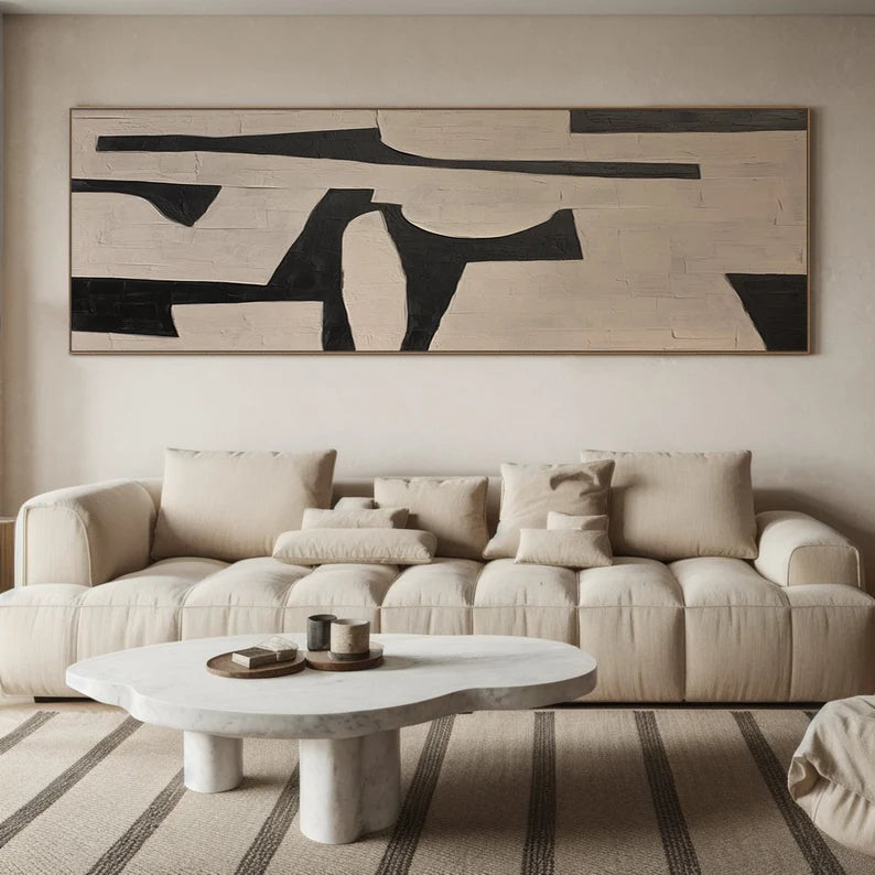 Bold Geometry – Black and Beige Minimalist Abstract Wall Art with Textured Finish#AB14027