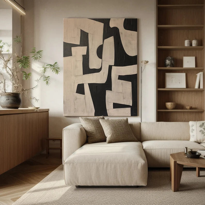 Maze of Forms – Black and Beige Geometric Abstract Wall Art with Textured Finish#AB14026