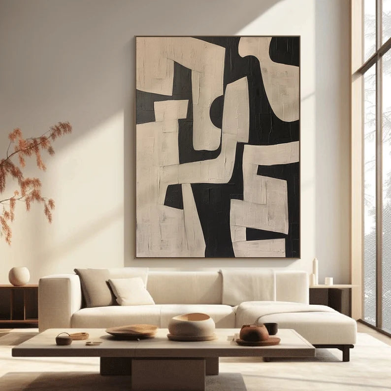 Maze of Forms – Black and Beige Geometric Abstract Wall Art with Textured Finish#AB14026