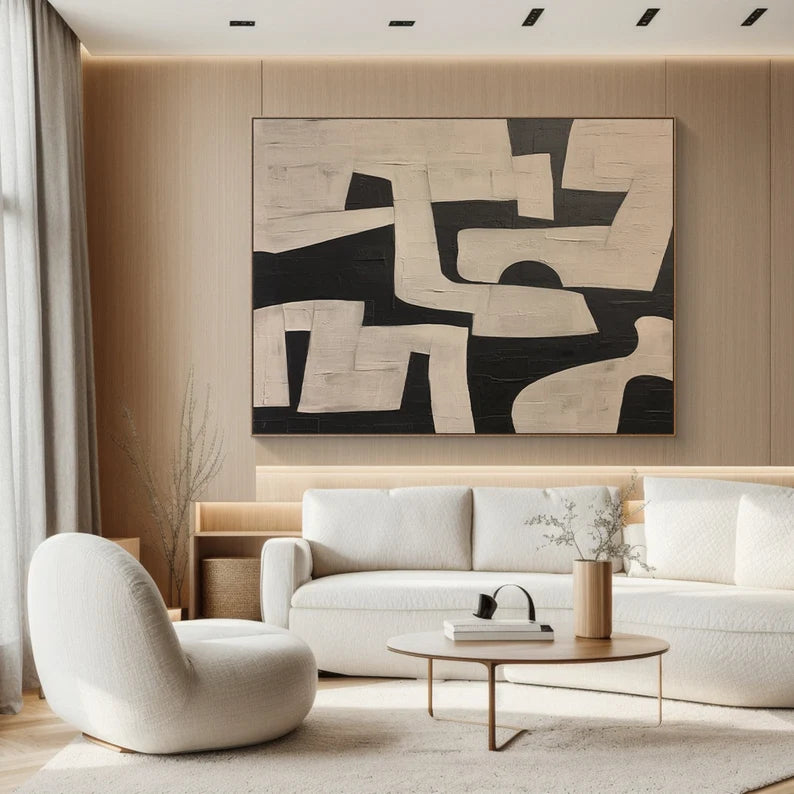 Maze of Forms – Black and Beige Geometric Abstract Wall Art with Textured Finish#AB14026