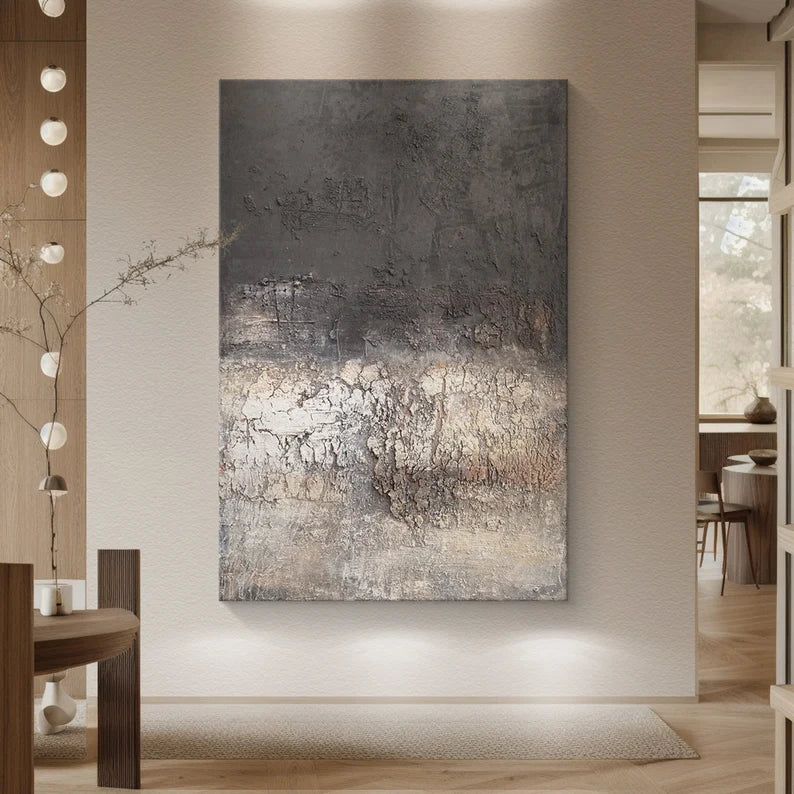 Burnt Horizon – Dark Textured Abstract Wall Art with Cracked Earth Effect#AB14025
