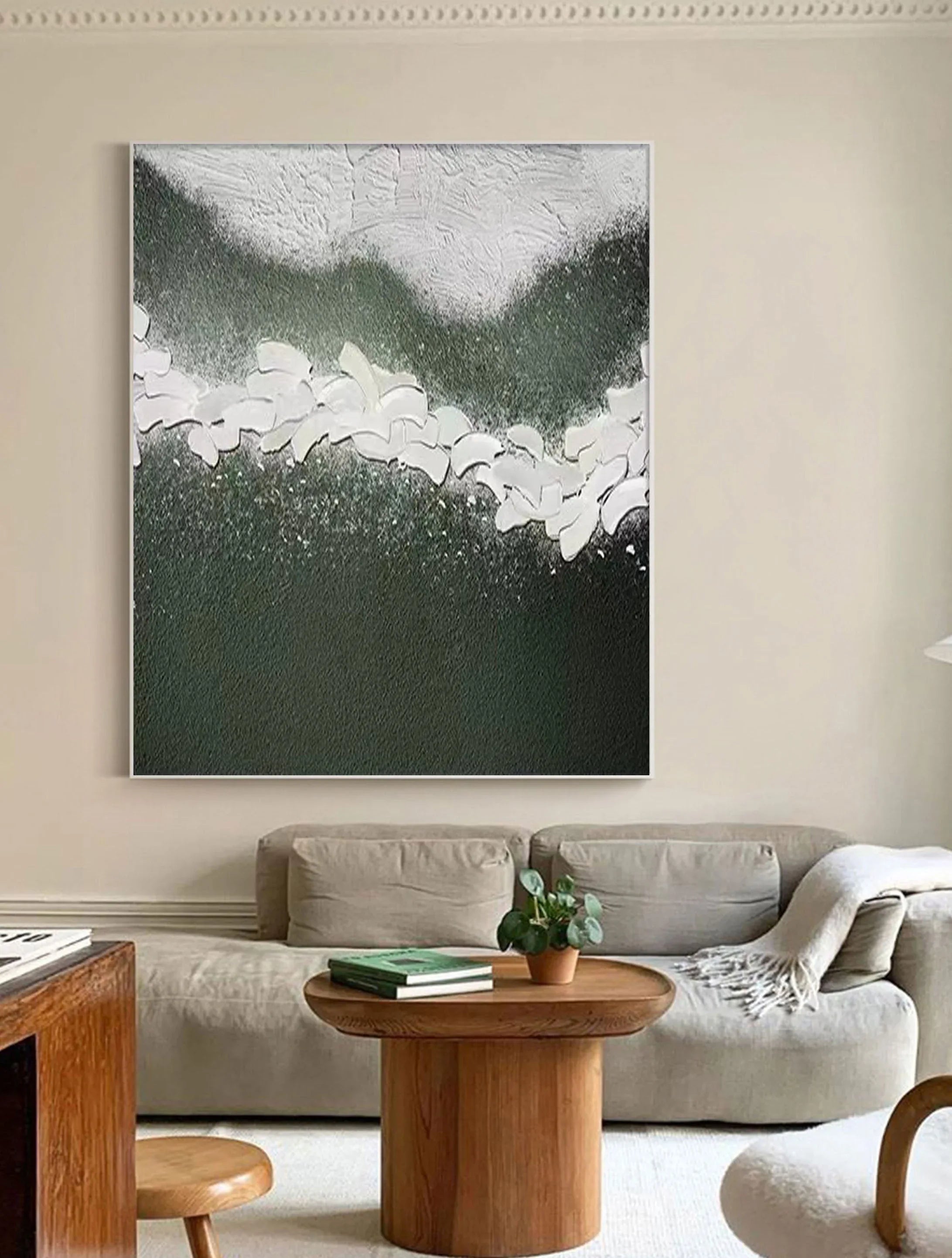 Whispering Blooms-Vertical Green and White Texture Petal Abstract Wall Art - artextured