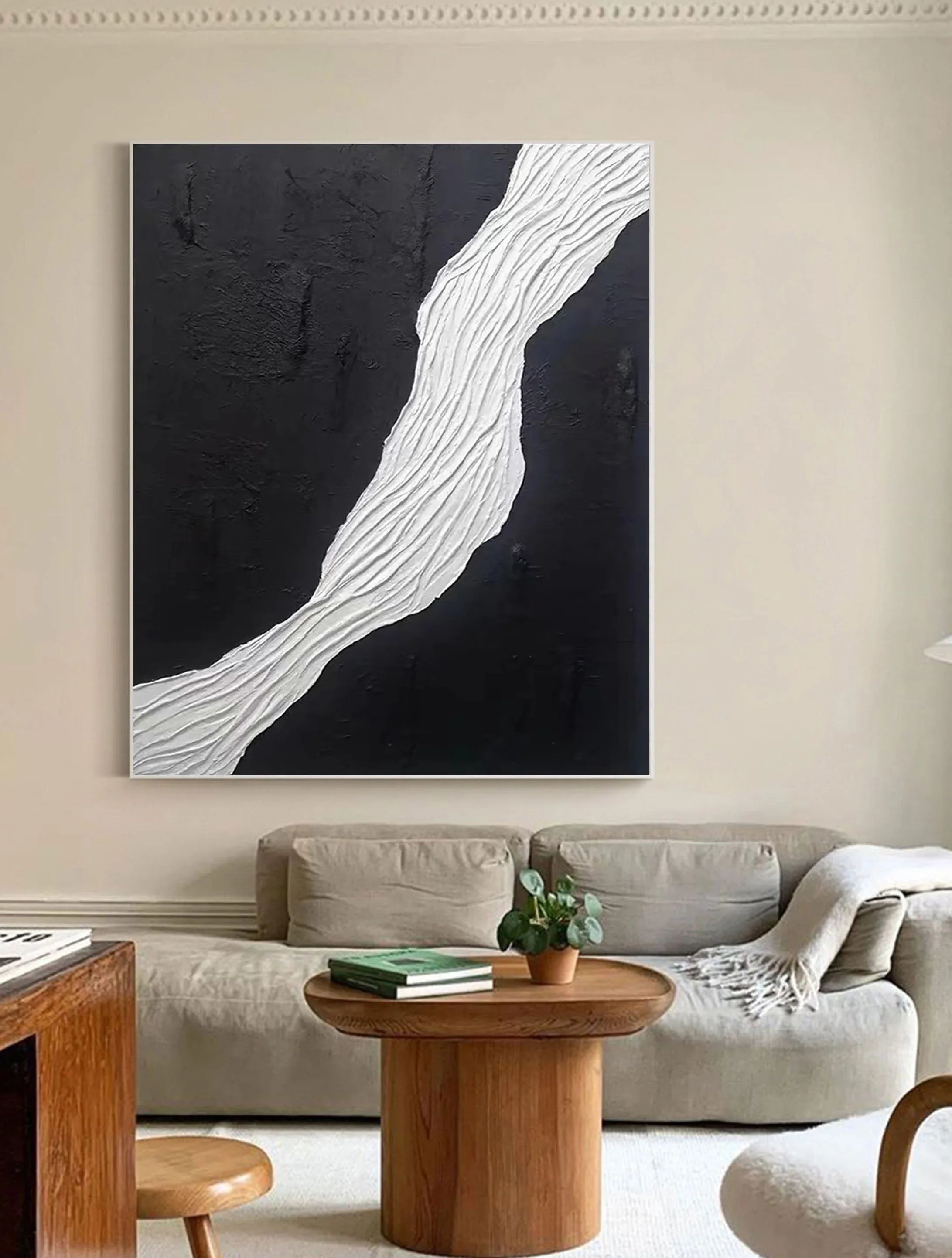 Divided Harmony-Black and White Flowing Abstract Hand-Painted Oil Painting Wall Art - artextured