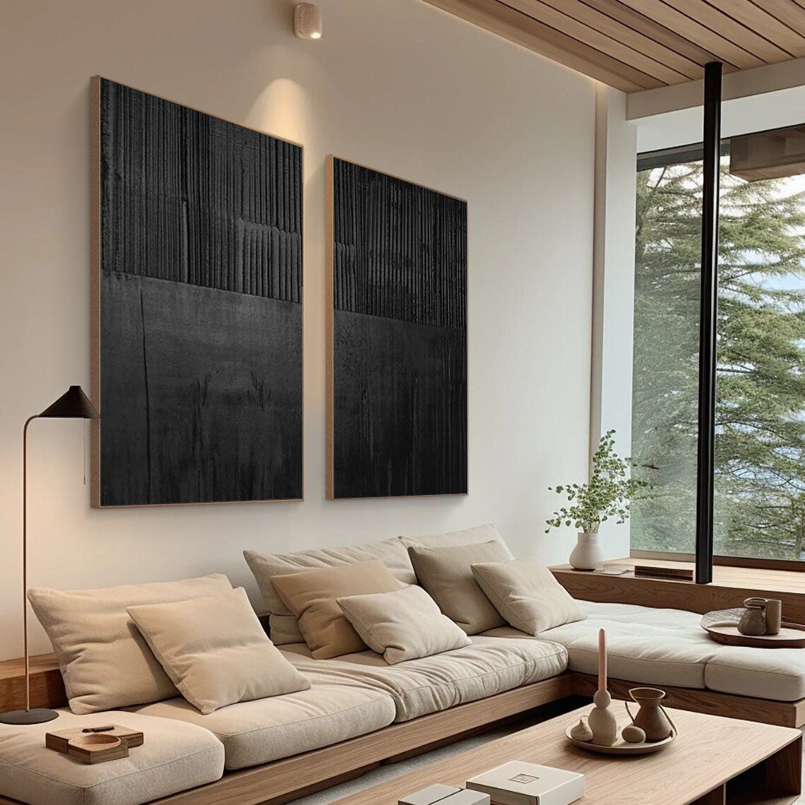 Set of Two Black Textured Abstract Wall Art - Minimalist Design