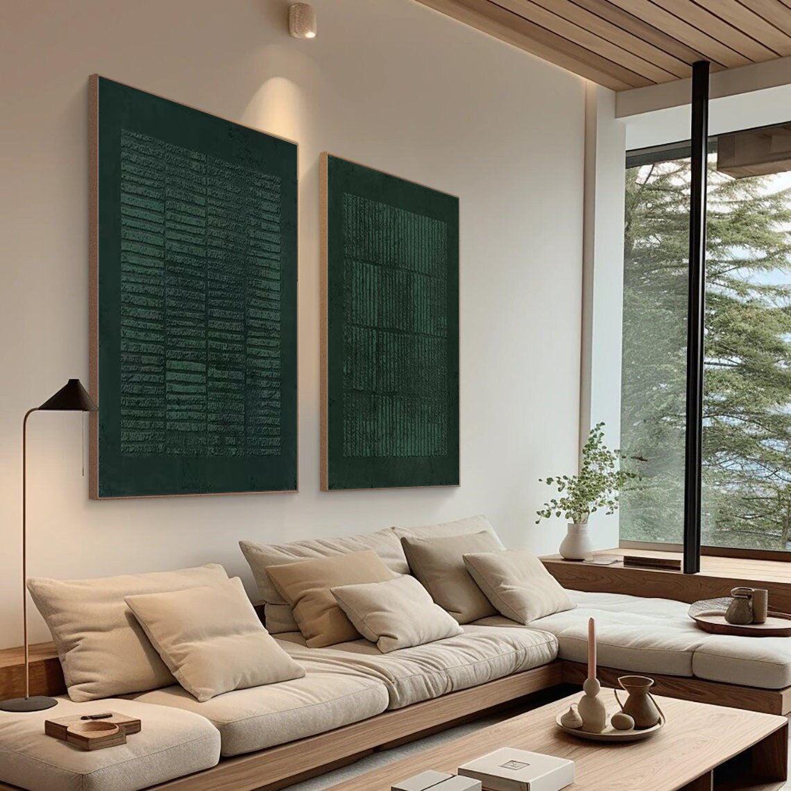 Set of Two Green Textured Canvas Artworks - Modern Minimalist