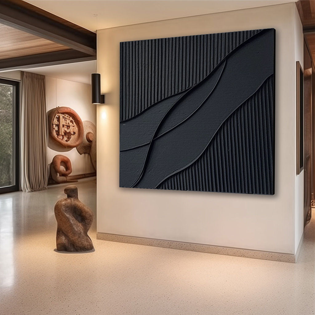 Ripple in Shadow -Black Geometric Curves and Texture Abstract Wall Art