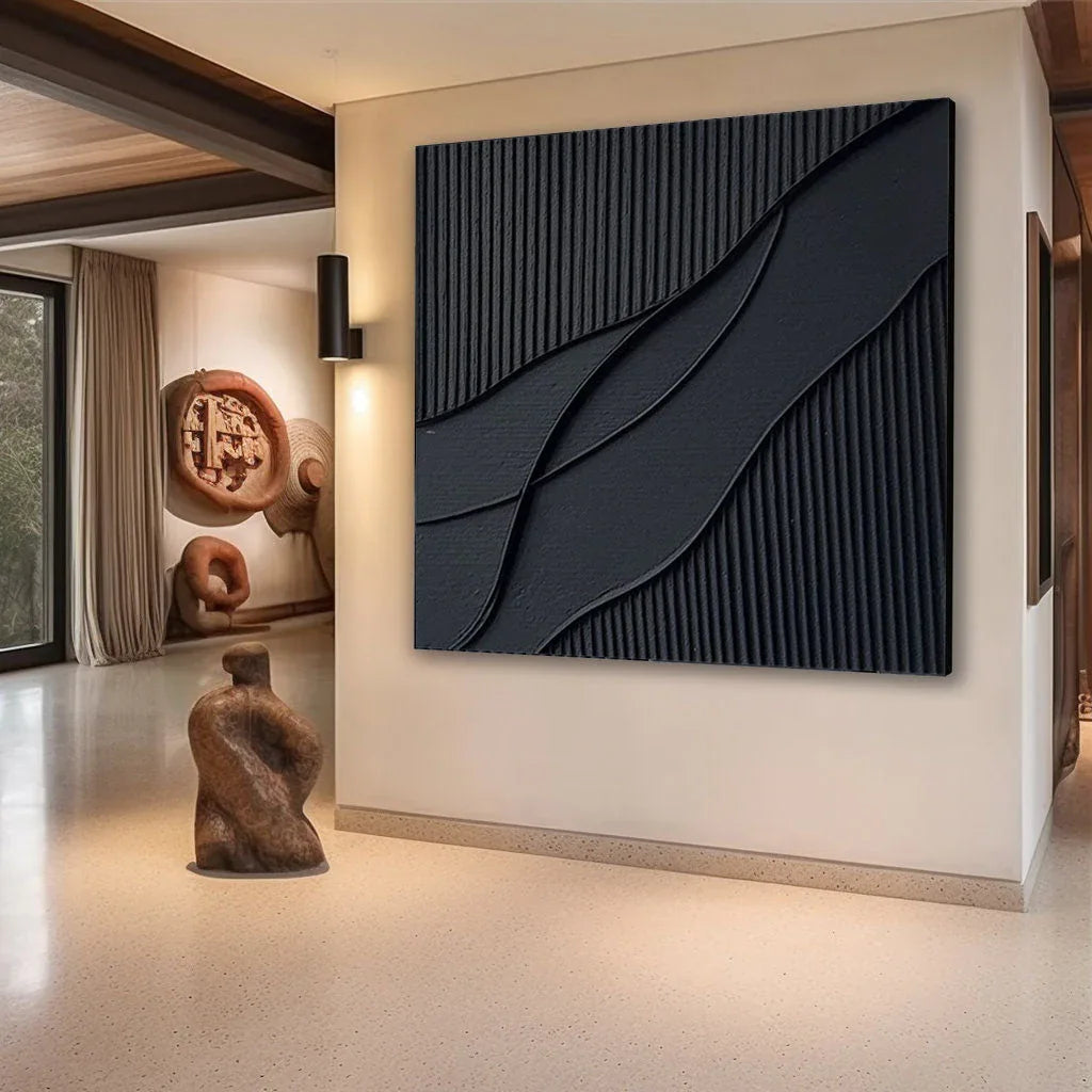 Ripple in Shadow -Black Geometric Curves and Texture Abstract Wall Art - artextured