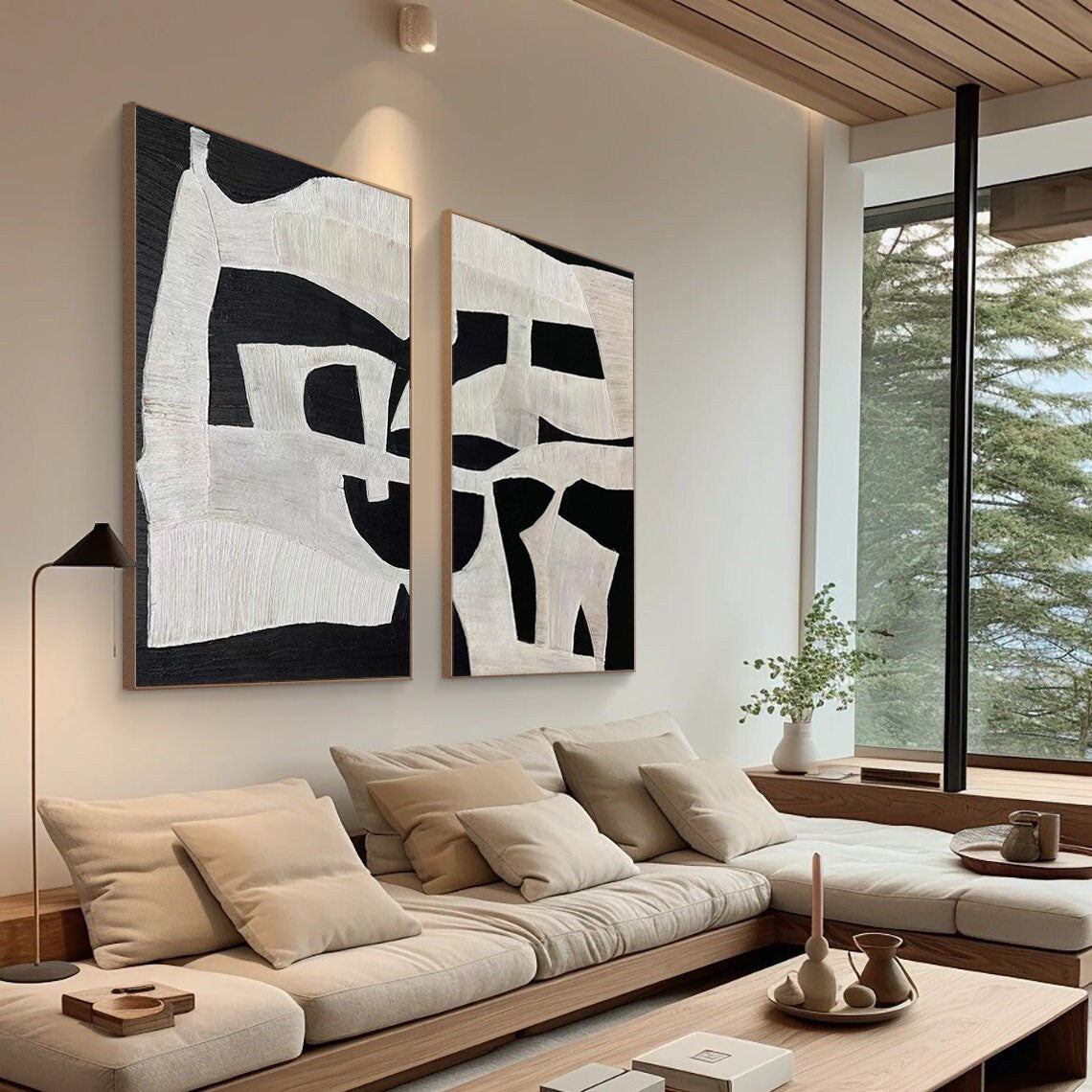 Modern Black and White Abstract Textured Canvas Art - Set of 2
