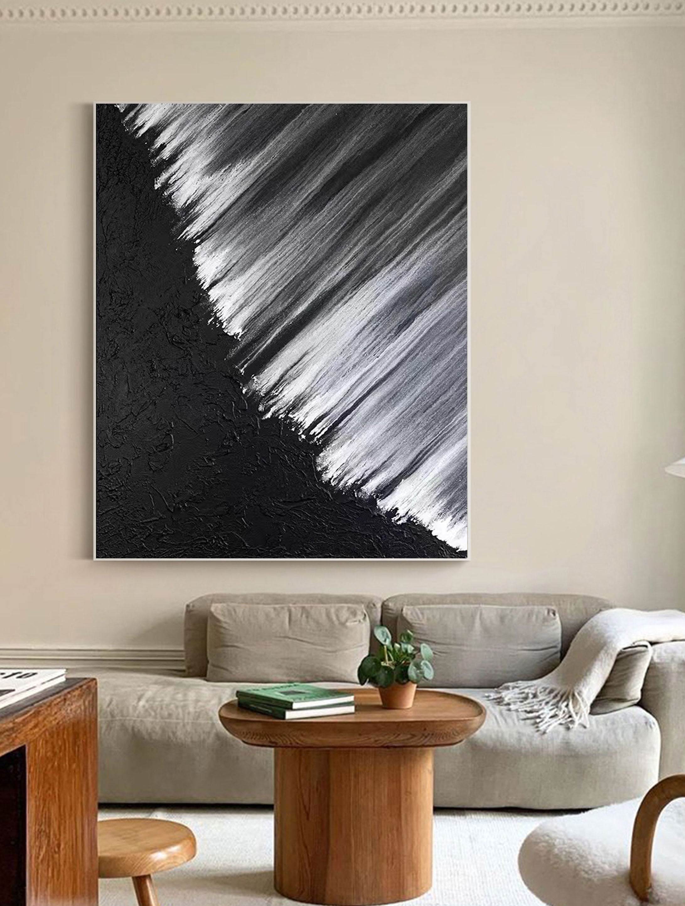 Monochrome Cascade: Abstract Textured Canvas Art
