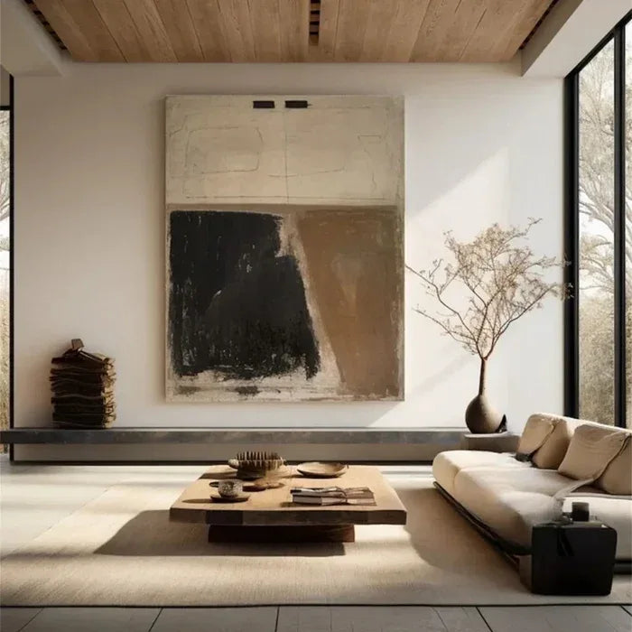 Minimalist Abstract Oil Painting - Beige and Black Modern Art - artextured