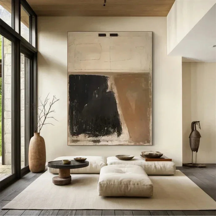 Minimalist Abstract Oil Painting - Beige and Black Modern Art - artextured