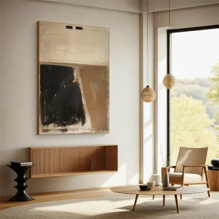 Minimalist Abstract Oil Painting - Beige and Black Modern Art - artextured