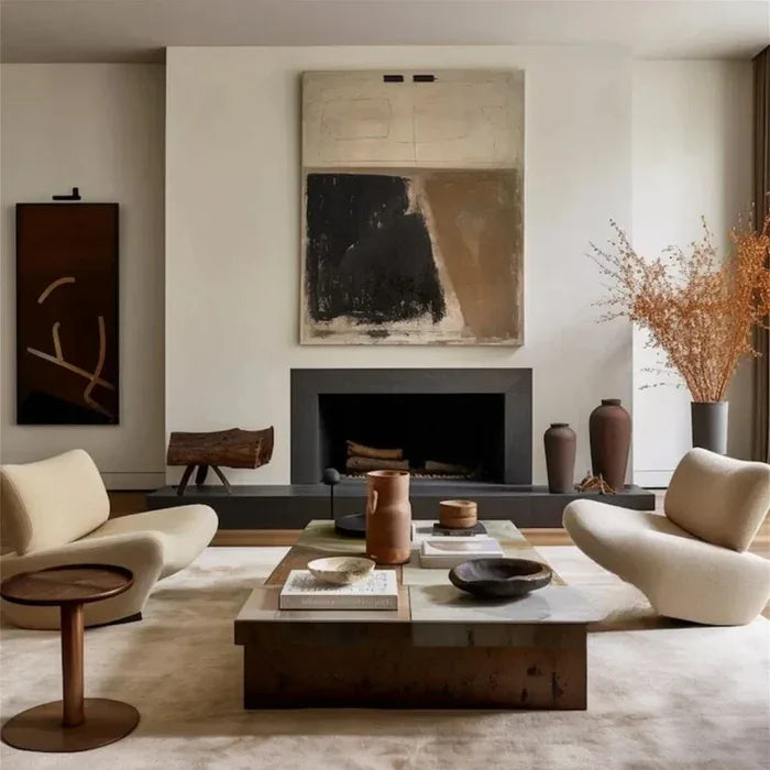 Minimalist Abstract Oil Painting - Beige and Black Modern Art - artextured