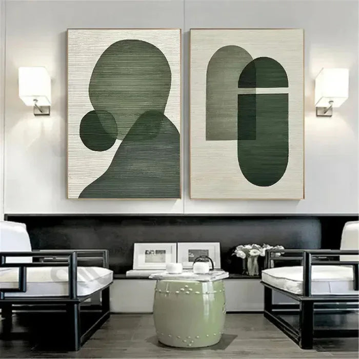 Emerald Abstract Duo Set of 2-Minimalist Abstract Geometric Ink Green Texture Wall Art - artextured