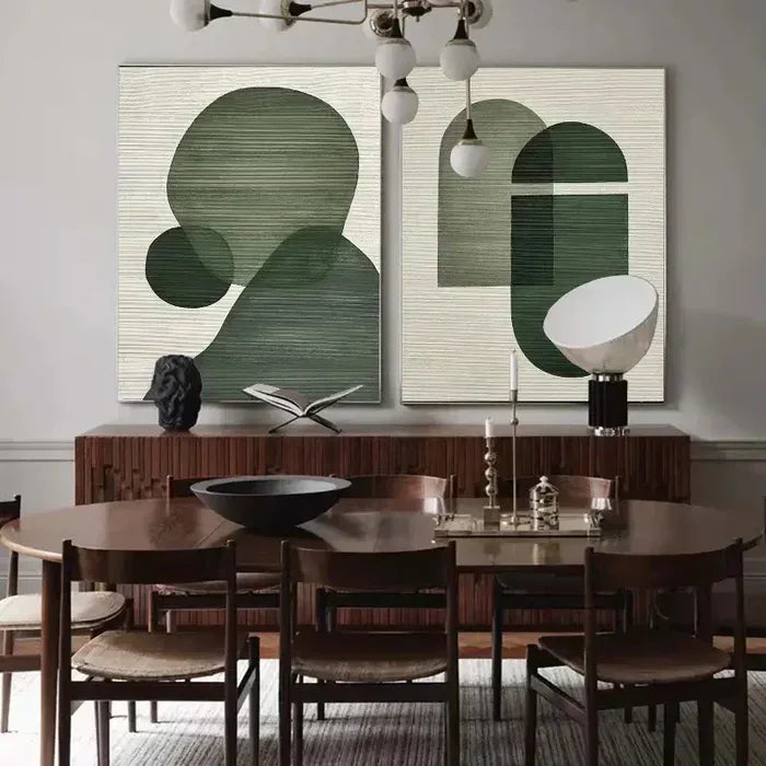 Emerald Abstract Duo Set of 2-Minimalist Abstract Geometric Ink Green Texture Wall Art - artextured