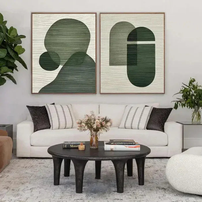 Emerald Abstract Duo Set of 2-Minimalist Abstract Geometric Ink Green Texture Wall Art - artextured