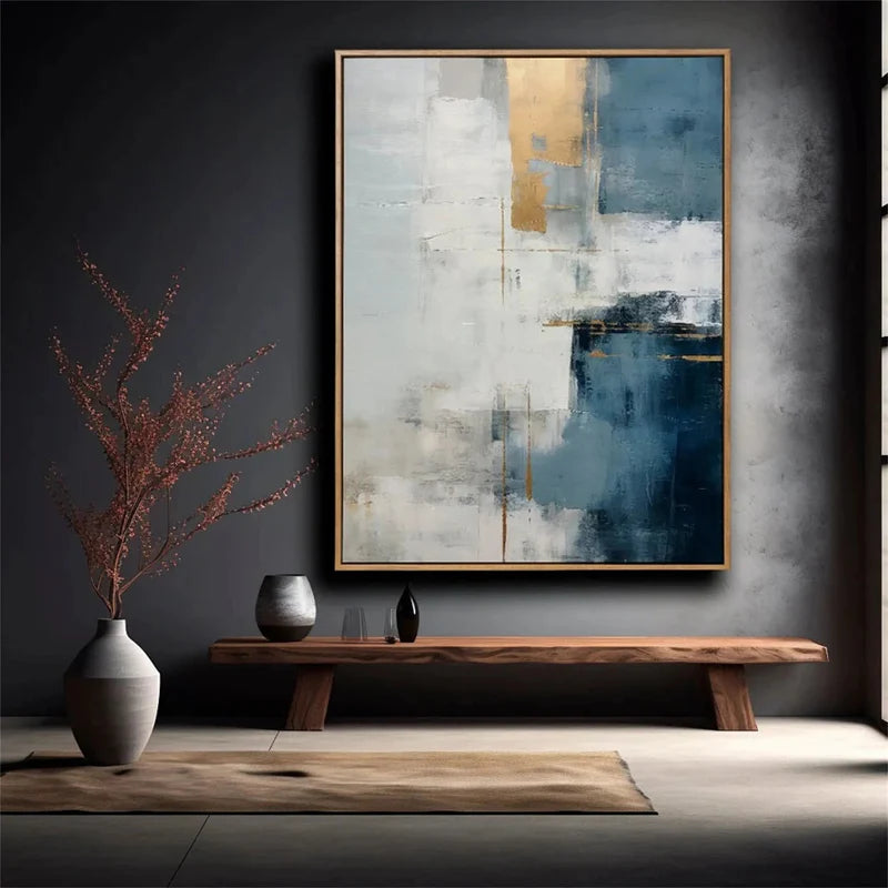 Azure Harmony Abstract Oil Painting – Blue & Gold Textured Wall Ar#AB0519061