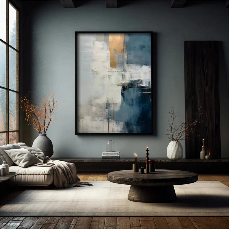 Azure Harmony Abstract Oil Painting – Blue & Gold Textured Wall Ar#AB0519061