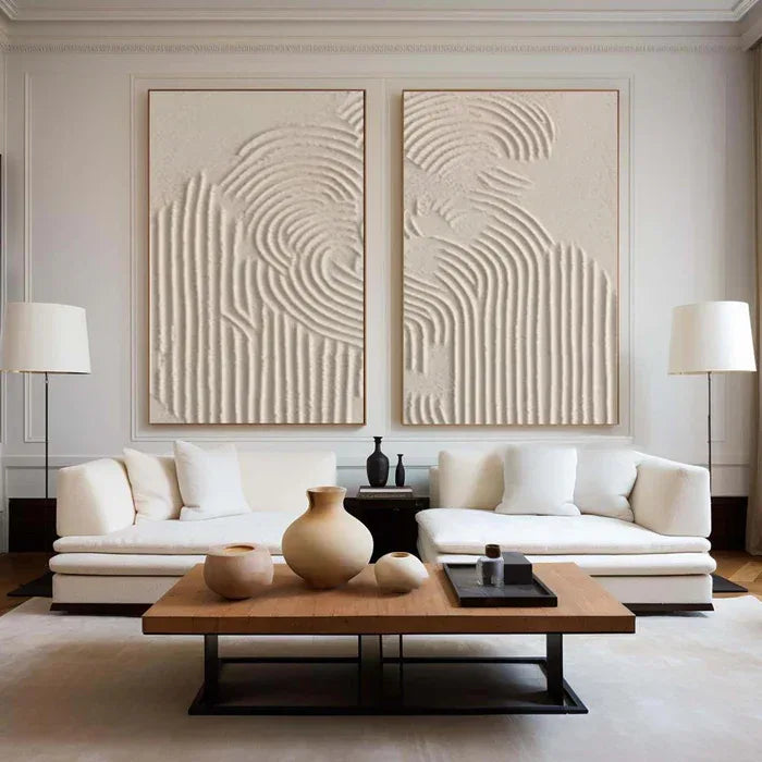 Textured Symphony Diptych Set of 2-Minimalist Beige 3D Geometric Relief Wall Art - artextured