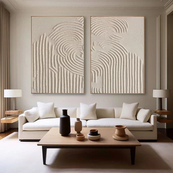 Textured Symphony Diptych Set of 2-Minimalist Beige 3D Geometric Relief Wall Art - artextured