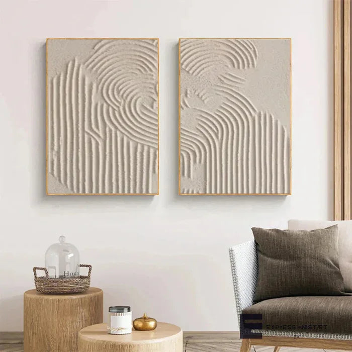 Textured Symphony Diptych Set of 2-Minimalist Beige 3D Geometric Relief Wall Art - artextured