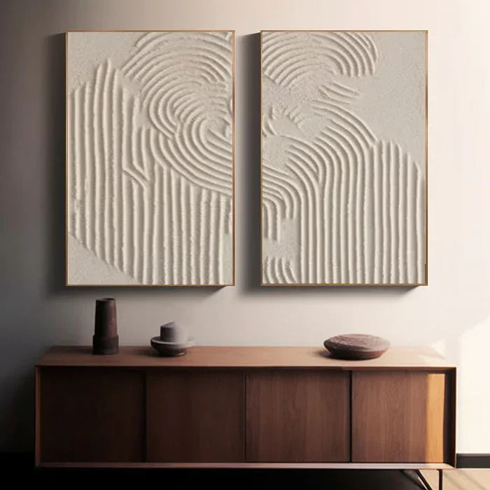 Textured Symphony Diptych Set of 2-Minimalist Beige 3D Geometric Relief Wall Art - artextured