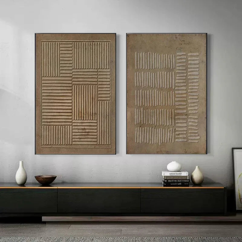 Linear Rhythm Textured Diptych Set OF 2-Modern Minimalist Handmade Thick Coated Abstract Oil Painting - artextured
