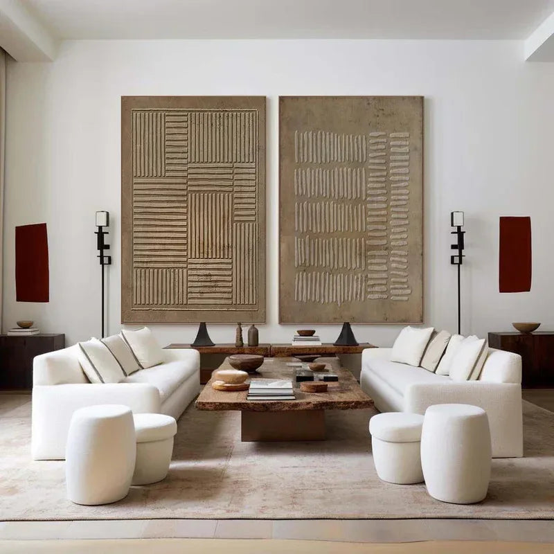 Linear Rhythm Textured Diptych Set OF 2-Modern Minimalist Handmade Thick Coated Abstract Oil Painting - artextured