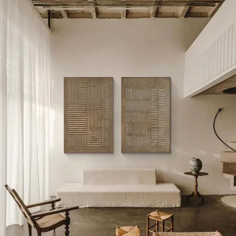 Linear Rhythm Textured Diptych Set OF 2-Modern Minimalist Handmade Thick Coated Abstract Oil Painting - artextured