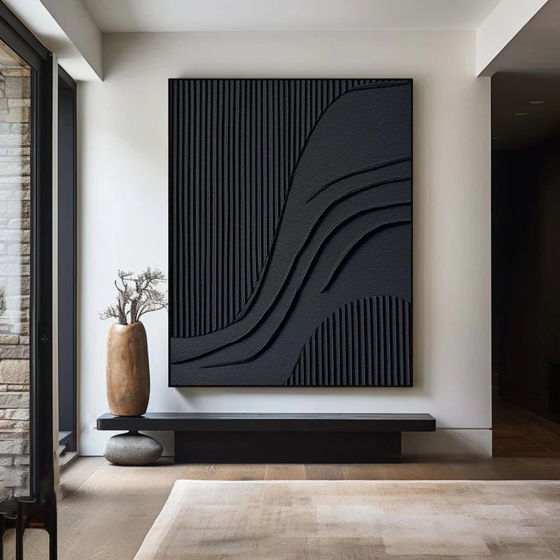 Black Minimalist Flowing Lines - Abstract Textured Wall Art