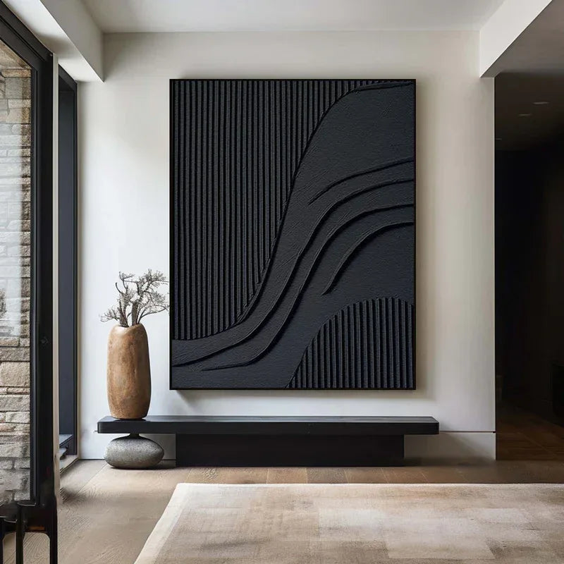 Black Minimalist Flowing Lines - Abstract Textured Wall Art - artextured