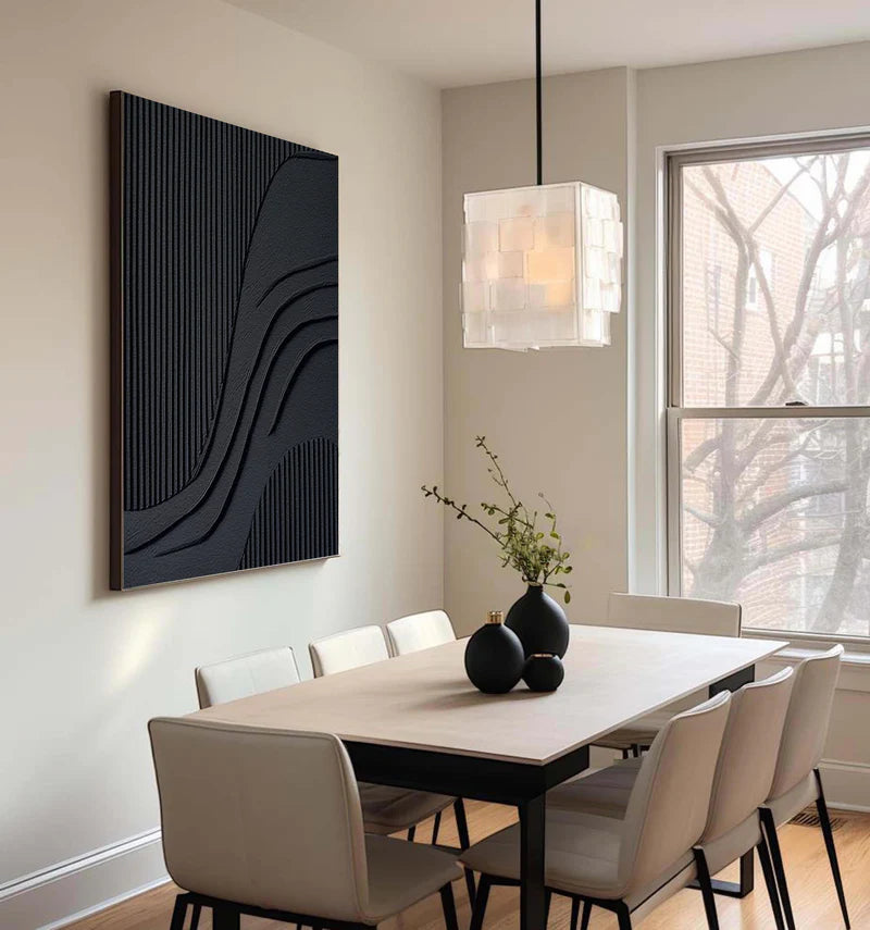 Black Minimalist Flowing Lines - Abstract Textured Wall Art