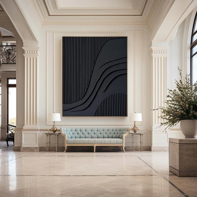 Black Minimalist Flowing Lines - Abstract Textured Wall Art