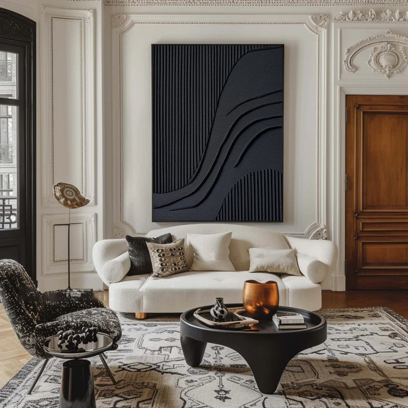 Black Minimalist Flowing Lines - Abstract Textured Wall Art