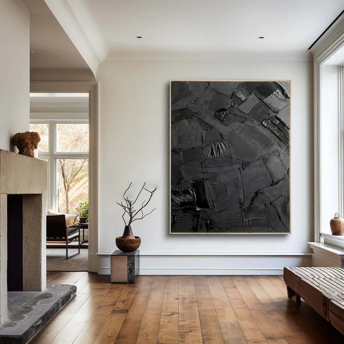 Black Textured Abstract Oil Painting - Modern Minimalist Wall Art