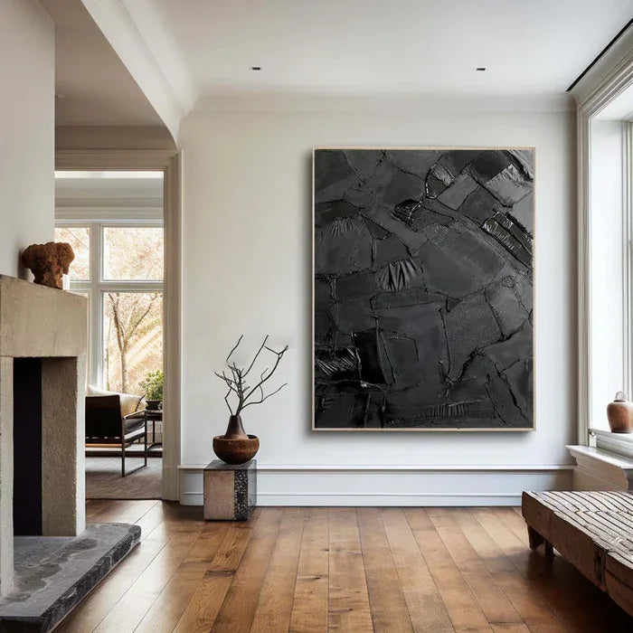 Black Textured Abstract Oil Painting - Modern Minimalist Wall Art - artextured