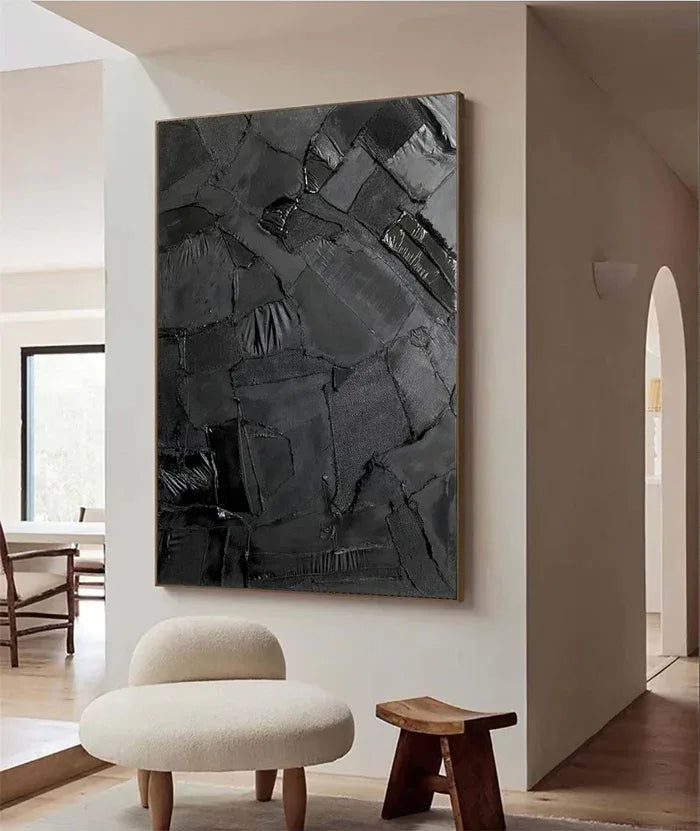 Black Textured Abstract Oil Painting - Modern Minimalist Wall Art - artextured