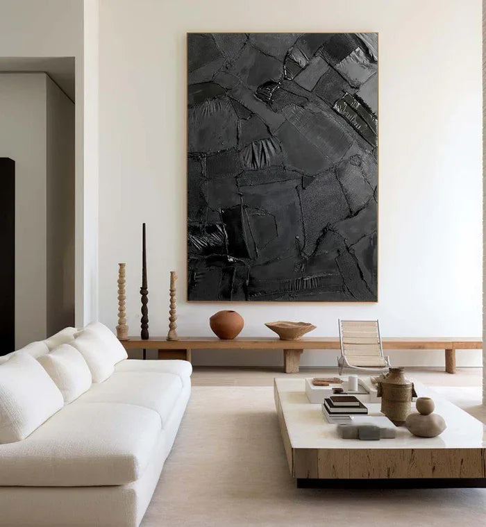 Black Textured Abstract Oil Painting - Modern Minimalist Wall Art - artextured