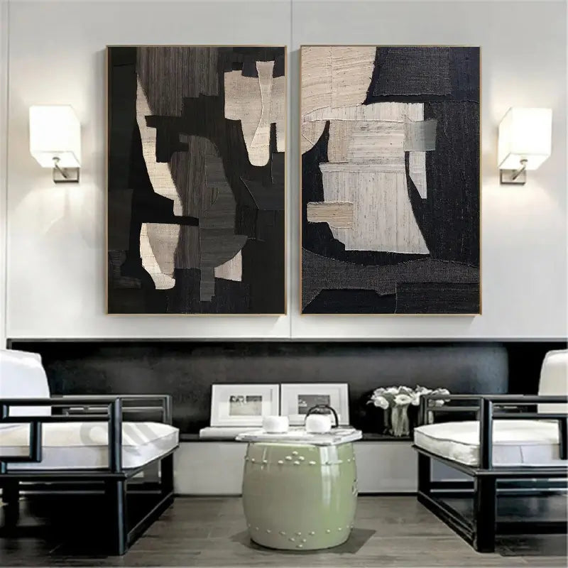 Monochrome Geometric Harmony Abstract Painting Set of 2