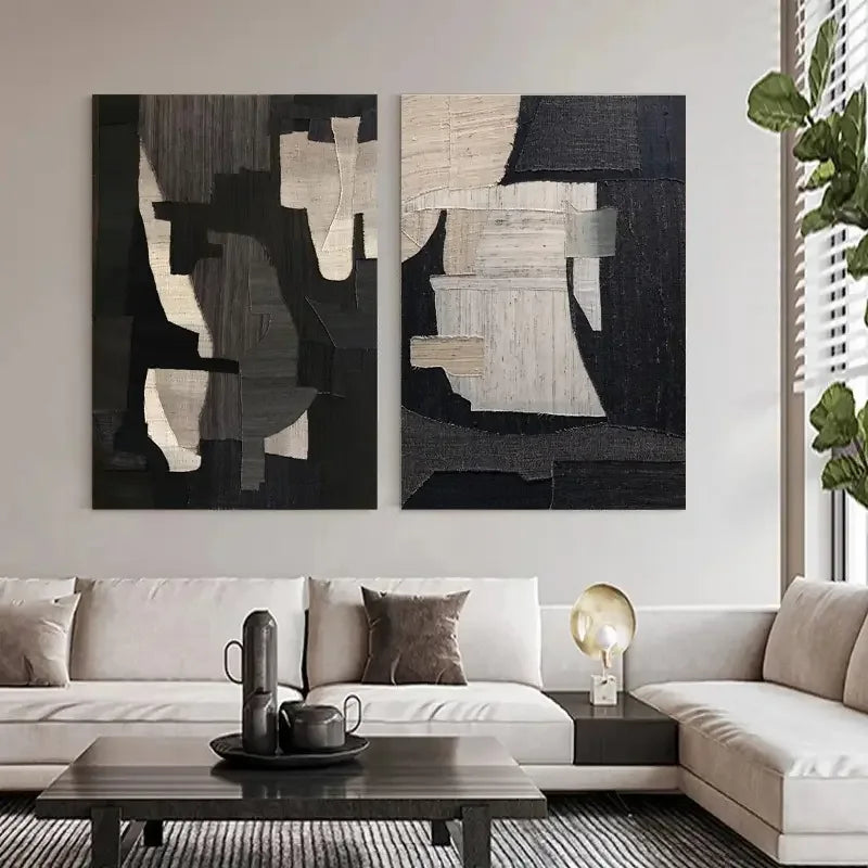 Geometric Dark Light Diptych-Monochrome Geometric Harmony Abstract Painting Set of 2 - artextured