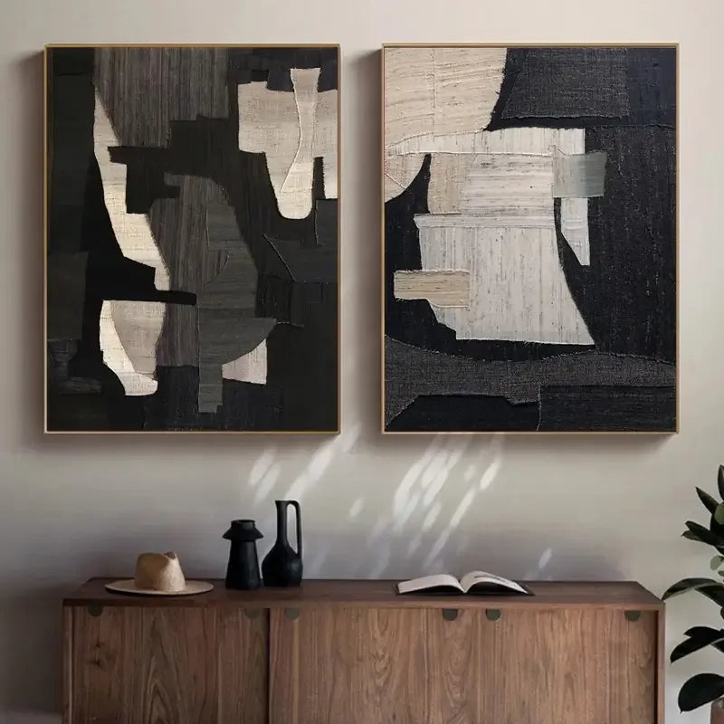 Geometric Dark Light Diptych-Monochrome Geometric Harmony Abstract Painting Set of 2 - artextured
